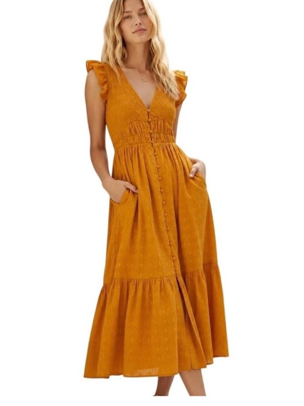 Anthropologie Somerset Maxi Dress Mustard Yellow Smocked Ruffle S